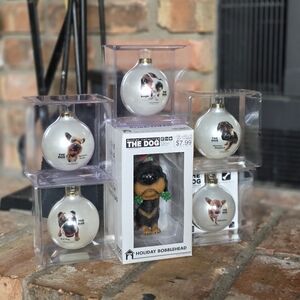 The Dog Artist Collection Christmas Dog Glass Bulb Ornaments and Bobblehead